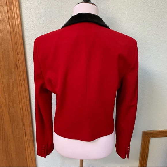 Lauren Ralph Lauren Red Wool Black Velvet Cropped Shoulder Pad Blazer Jacket - Picture 4 of 13